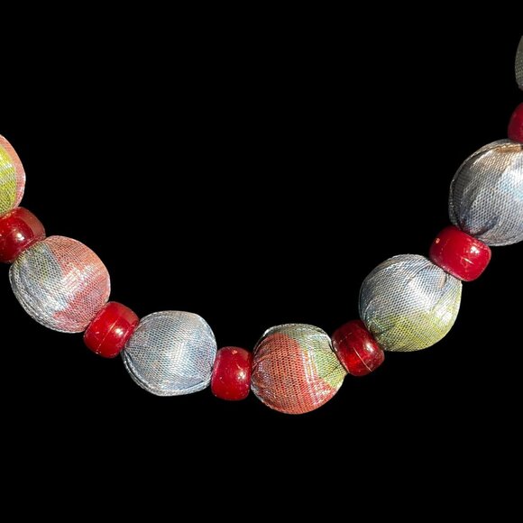 Colorful Fabric Bead Necklace Burgundy Spacers Boho Statement Jewelry Gift - Picture 2 of 7